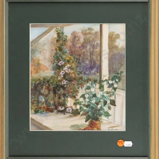 M Bower - framed watercolour plant on verandah H-220 W-190