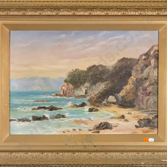 gilt framed oil - coastal scene (paint on frame) H-340 W-490