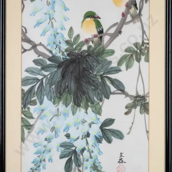 framed Asian watercolour on silk - birds on tree boughs H-490 W-260