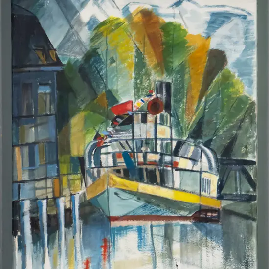 framed Peter Borland? watercolour - boat and mountains H-520 W-380