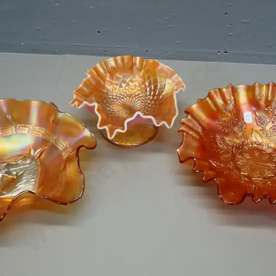 3 marigold colour carnival glass bowls, including horse head, largest is D-220