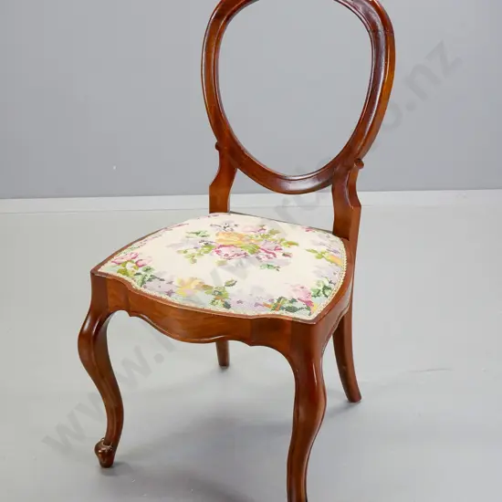 vintage mahogany carved balloon back dining chair, seat upholstered in hand-worked tapestry H-880 W-420 D-420