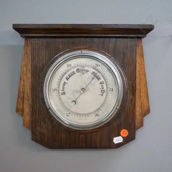 deco style oak-cased wall barometer H-230 W-230 - marked Made in England