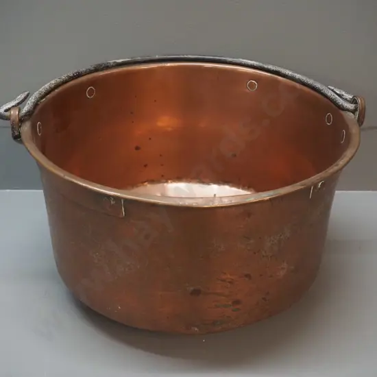 copper pot / jam pan with forged iron handle - general wear and dents H-210 D-365