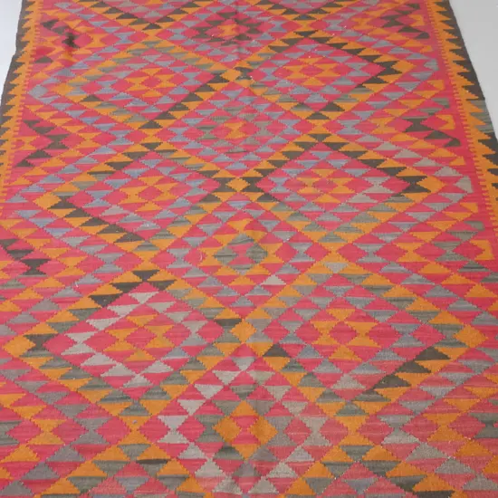 hand-woven wool kilim floor rug - red, grey, brown and orange geometric L-2440 W-1620