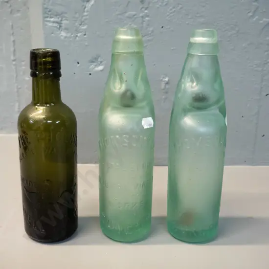 3 vintage bottles - 2 Thomson's Dunedin marble bottles w/ black marbles & green glass Phoenix Aerated Water Wellington