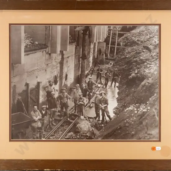 framed reproduction photographic print - workmen at the footing of the Roxburgh Dam 1949/50 H-380 W-490