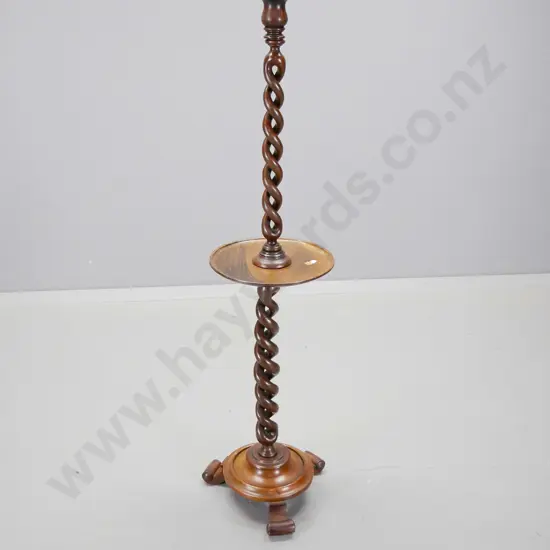vintage floor-standing candle holder with double twist stem, small shelf, has had repair at bottom of stem H1070 D-240