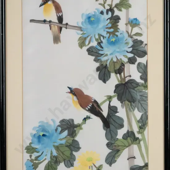 framed Asian watercolour on silk - birds on tree boughs H-490 W-260