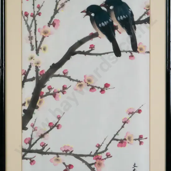 framed Asian watercolour on silk - birds on tree boughs H-490 W-260
