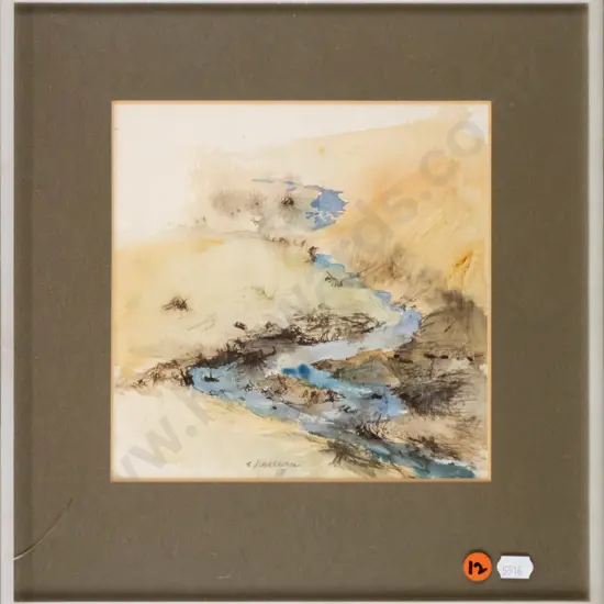 S Marshall - framed watercolour - stream H-190 W-190 (small crack to plastic)