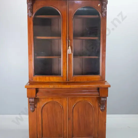 antique mahogany chiffonier with glazed bookcase top, carved corbels, escutcheons w/key H2100 W1120 D460