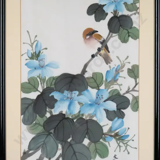framed Asian watercolour on silk - birds on tree boughs H-490 W-260