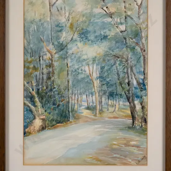 framed watercolour - trees and road scene H-340 W-240