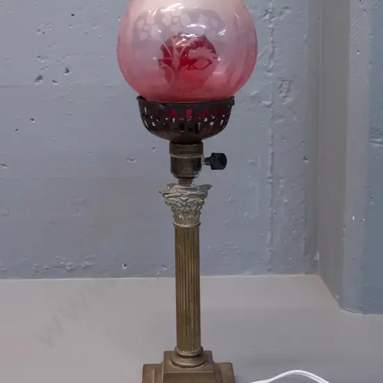 vintage brass classical column shaped table lamp with pink glass frosted pattern shade H-430 D-140