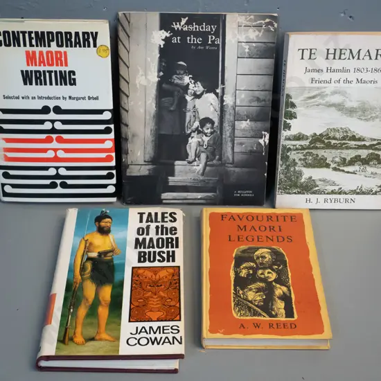 5 Maori themed books including AW Reed, Ans Westra's Wash day at the Pa School Journal (damage to cover) etc.