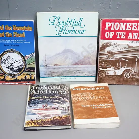 5 New Zealand books - Te Anau, Milford, Wakatipu etc, 'Sheep May Safely Graze' signed by author