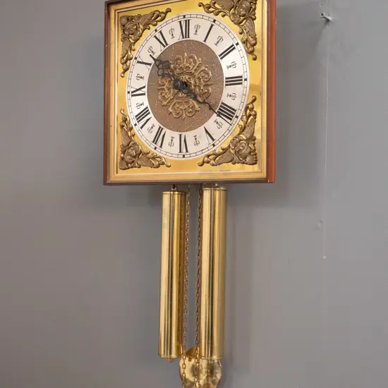 retro German wall clock with timber case, pressed and brushed brass face, brass weights - recently