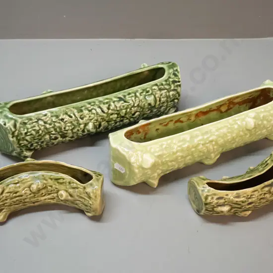 4 Temuka pottery green glaze log flower troughs - 2 large H-80 L-310 and 2 small