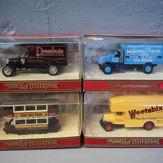 4 Matchbox Models of Yesteryear die-cast vehicles w/original boxes - 3 delivery vans and a double decker tram