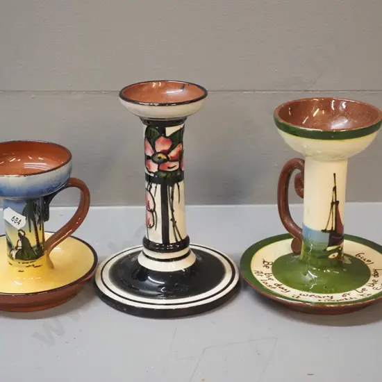 3 Torquay ware pottery candlesticks - tallest is H-150