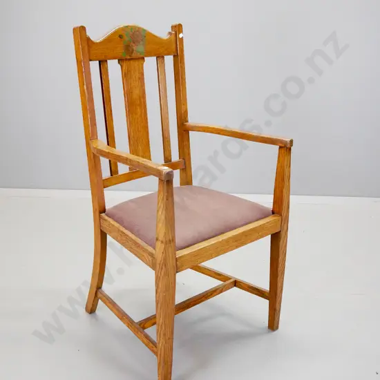 deco oak carver chair with hand-painted decoration on back rail, suedette upholstered seat H-1040 W-545 D-500