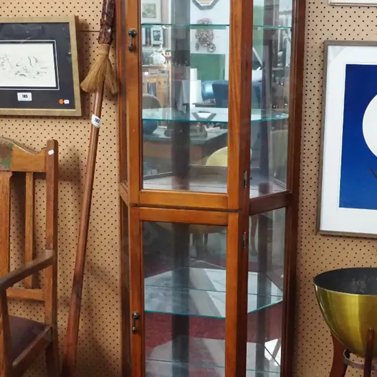 mahogany angled-front glazed display cabinet 2 doors, 4 adjustable shelves, metal handles & mirror back H1770 D270