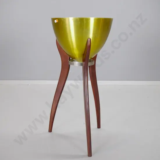 retro pot plant stand with spun aluminium holder on mahogany & metal base H-690 Diameter 330