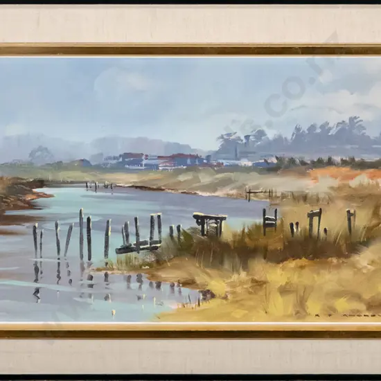KJ Andrews - framed acrylic - Hokitika From Manahuna Stream H-280 W-580