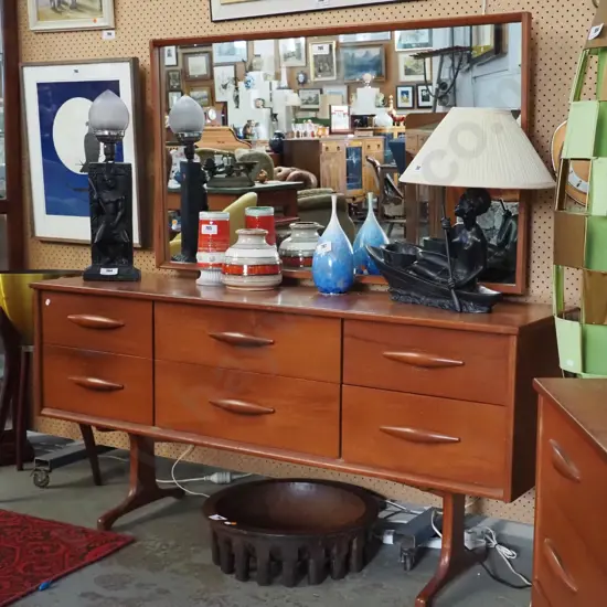 mid-century mahogany mirror-back duchess on ski base, w/6 drawers, large framed mirror , Nee's Dunedin label, minor