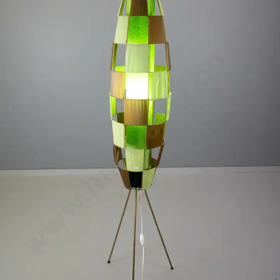 retro fabric with 3-legged metal frame floor lamp - panelled fabric and inner fibre shade - some discolouration and wear
