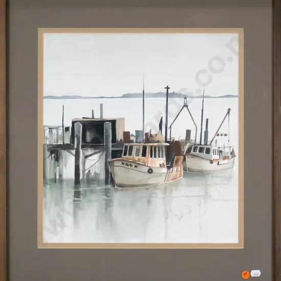 unsigned framed watercolour - fishing boats H-360 W-330