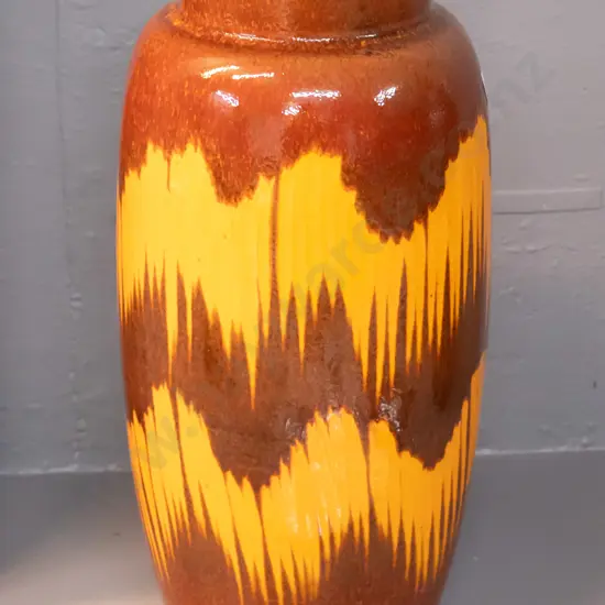 retro large German pottery vase with orange and brown streaked design H-390
