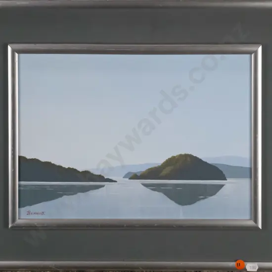 Reg Bennett - framed acrylic - Islands in the Harbour H-240 W-340