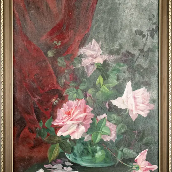framed oil - roses H-590 W-430 (frame needs attention)