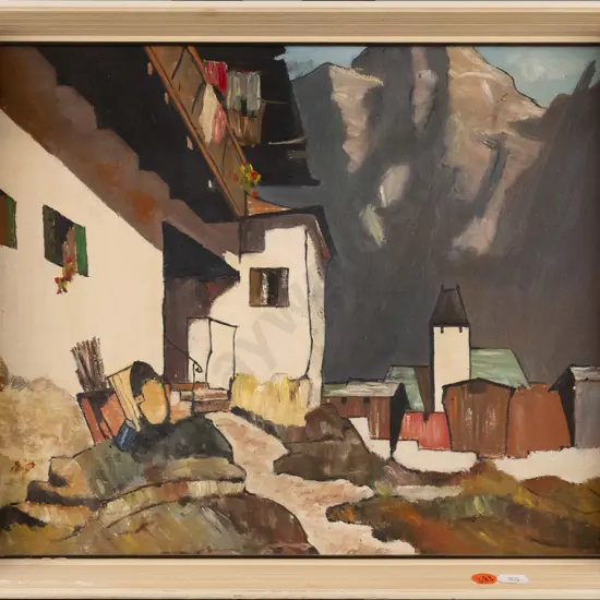 illegible signature - framed acrylic - village scene H-290 W-370 (slight damage to frame) H-