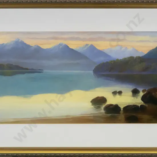 framed pastel - lake and mountain scene H-295 W-615