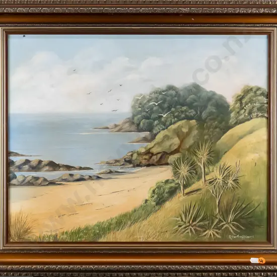 Robertha Holmes - framed oil - Matai Bay, Karikari Peninisula H-390 W-490