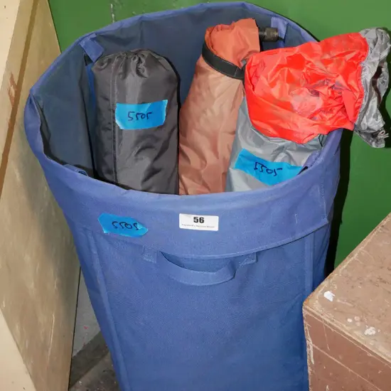 large canvas collapsable hamper and contents; 3x inflatable camping beds