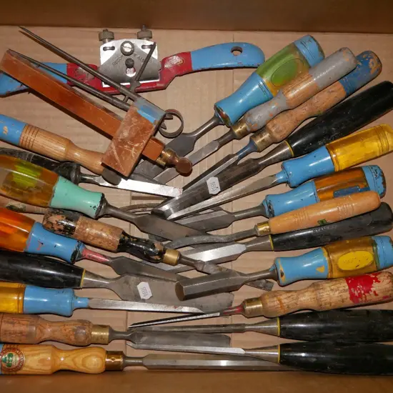 box; chisels, marker gauge, spoke shave etc