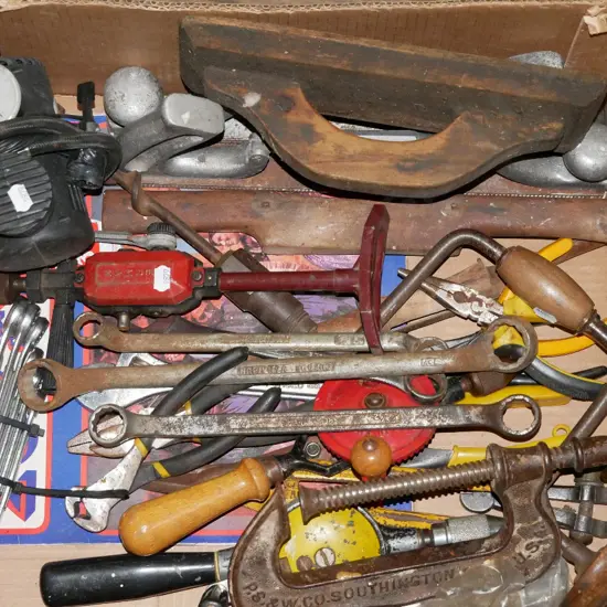 box; 12V tyre inflator, ring spanners, clamps etc