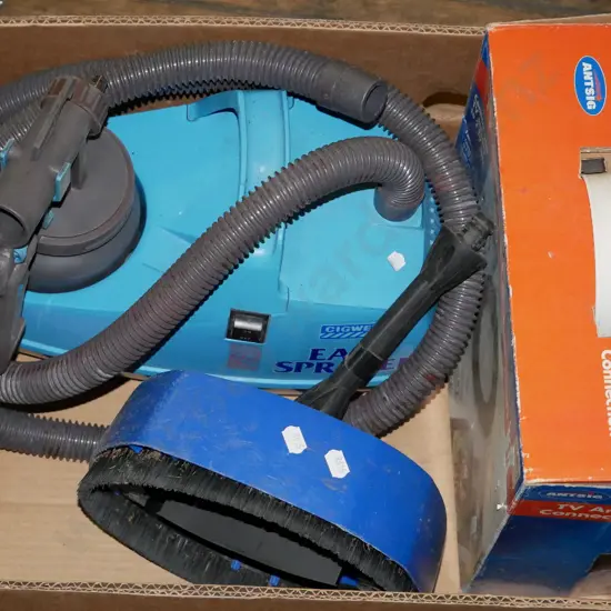 box; paint sprayer, TV antennae connection kit, power washer desk attachment