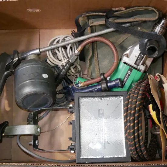 box; builders belt, drill, halogen lamp, spark plug air pump etc