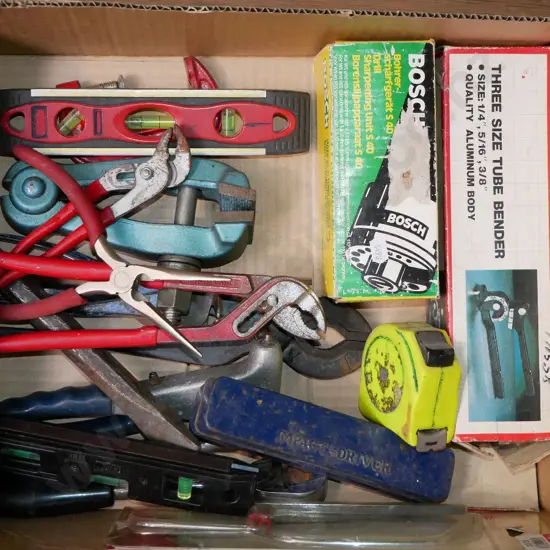 box; drill sharpeners, vice, pipe bender etc