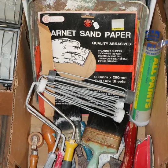 box; paint brushes, paint trays etc