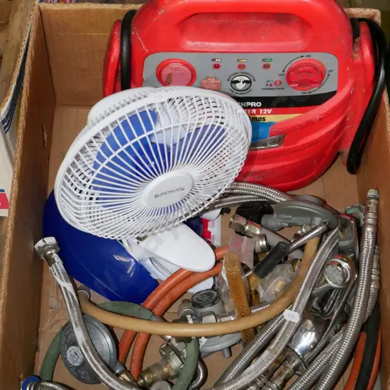 box; plumbing fittings, fan, jump starter pack - no charger