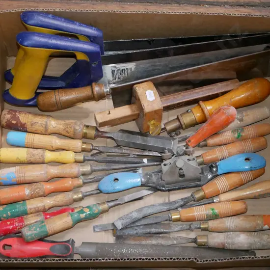 box; chisels, marker gauges, hand saws etc
