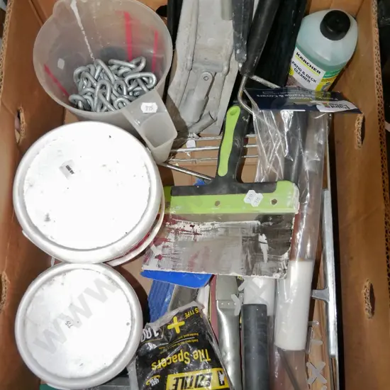 box; painting tools, grout, metal chain etc
