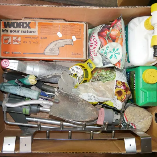 box; sprinklers, garden chemicals, battery powered buxus pruners etc