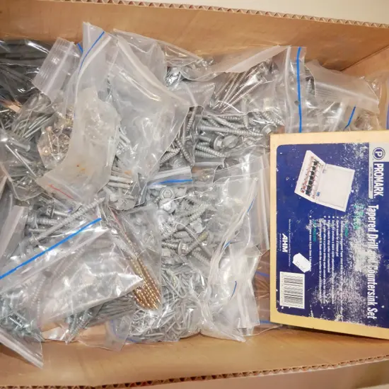 box; various fasteners, tapered drill and counter sink set